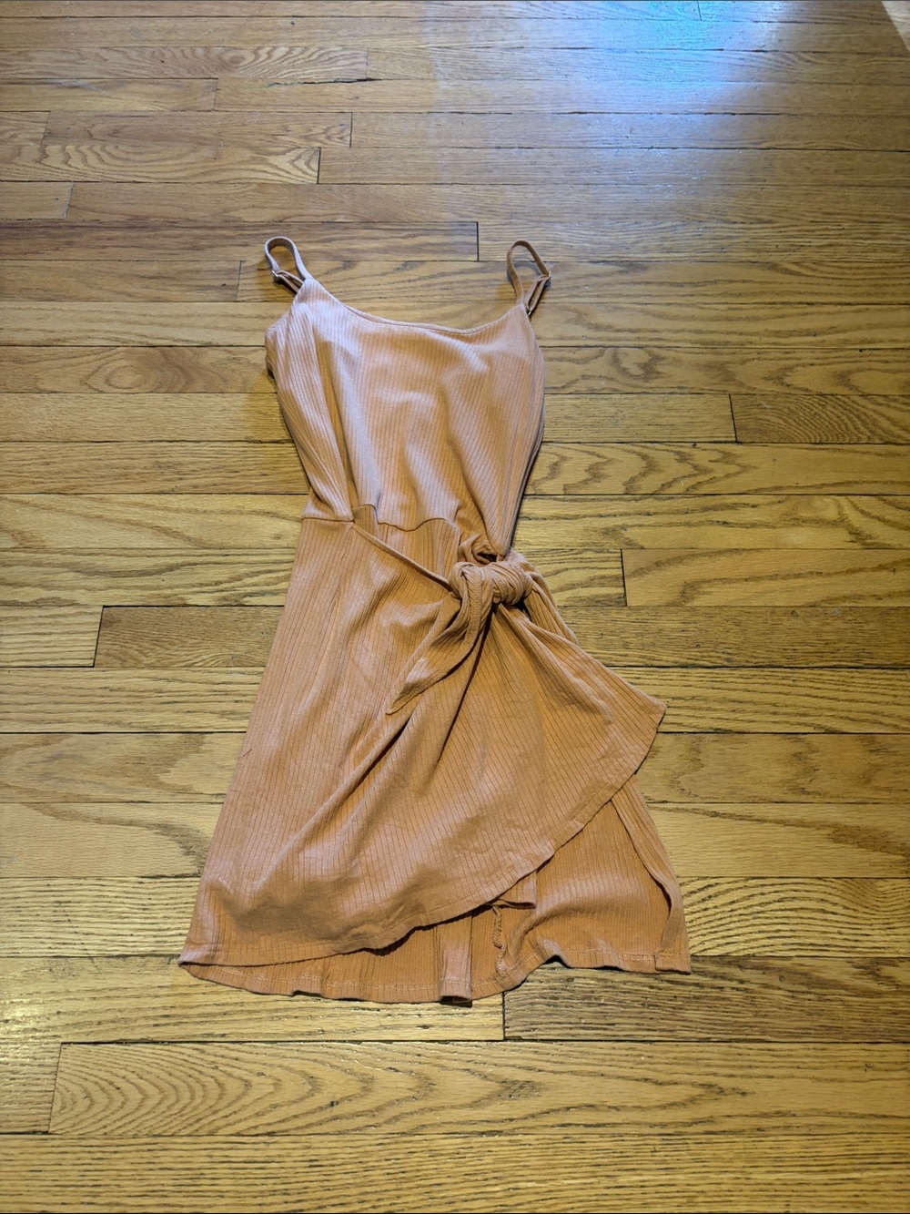 l*space Size Small Ribbed Spaghetti-Strap Tie-Waist Mini Dress in Dusty Rose
